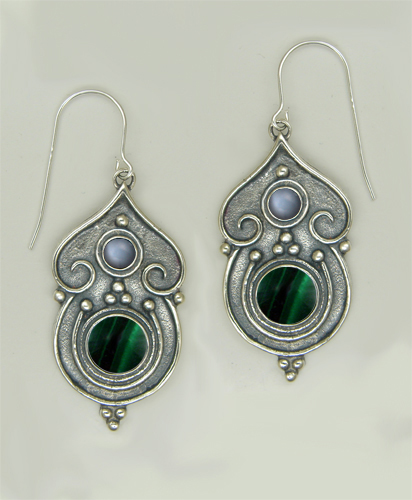 Sterling Silver Gothic Inspired Drop Dangle Earrings With Malachite And Grey Moonstone